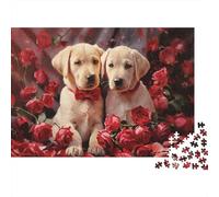Yellow Labrador Puppies with Roses 1000 Piece Jigsaw Puzzle for Adults | 52x38cm Charming Labrador puppies among red roses create a delightful puzzle experience, ideal for relaxing solo or with
