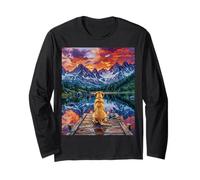 Yellow Labrador Sitting on a Dock at the Mountains Artwork Long Sleeve T-Shirt