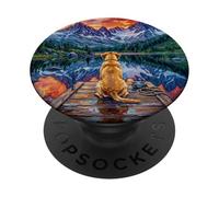 Yellow Labrador sitting on a Dock at the Mountains Artwork PopSockets Adhesive PopGrip