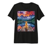 Yellow Labrador Sitting on a Dock at the Mountains Artwork Premium T-Shirt