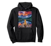 Yellow Labrador sitting on a Dock at the Mountains Artwork Pullover Hoodie