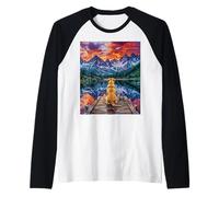 Yellow Labrador Sitting on a Dock at the Mountains Artwork Raglan Baseball Tee