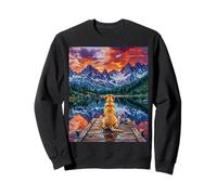 Yellow Labrador sitting on a Dock at the Mountains Artwork Sweatshirt
