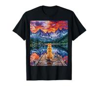 Yellow Labrador Sitting on a Dock at the Mountains Artwork T-Shirt