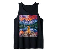 Yellow Labrador Sitting on a Dock at the Mountains Artwork Tank Top