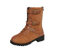 Yellow Ladies Casual and Casual Versatile British Style Round Toe British Style Belt Buckle Middle Tube Color Blocked Belt Sleeve Boots Perfect for Outdoor Adventures