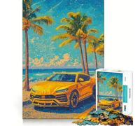 Yellow Lamborghini Urus on Beach 1000 Piece Jigsaw Puzzles Memory Train Fun Smooth Burr Free Surface Entertaining Challenge for Spare Time (50x75cm)