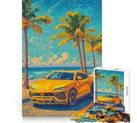Yellow Lamborghini Urus on Beach Jigsaw Puzzles for Teenagers 1000 Pieces Brain Wellness Mind Calming Fun Perfect Lock (50x75cm)