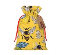 Yellow Lemon And Bee Christmas Drawstring Gift Bags, Xmas Bags With Tags, Reusable Santa Wrapping Bag