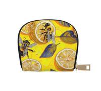 Yellow Lemon and Bee Print Coin Purse PU Leather Portable Coin Purse with 12 Card Slots Mini Change Wallet for Women and Thoughtful Gifting