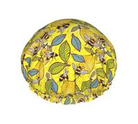 Yellow Lemon and Bee Print Double Layer Waterproof Shower Cap Women Men Reusable Bath Hair Caps Elastic Band