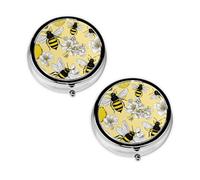 Yellow Lemon and Bee Print Pill Box 3 Compartment Medicine Pill Case,Portable for Pocket Or Purse Pill Organizer Decorative Metal Medicine Vitamin Organizer Unique Gift