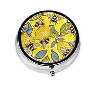 Yellow Lemon and Bee Print Pill Box for Pocket Round Pill Box 3 Compartment Decorative Portable Travel Pill Holder Tablet Vitamin Organizer Mini Pill Case(2pcs)