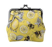 Yellow Lemon and Bee Print Print Coin Purse for Men Women Leather Kiss Lock Small Pouch Coin Wallet