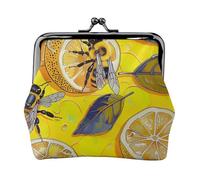 Yellow Lemon and Bee Printed Coin Purse for Women Cute PU Leather Coin Wallet Mini Coin Purse Pouch with Kiss-Lock