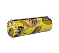 Yellow Lemon and Bee Printed Leather Pencil Case Cute Stationery Organizer Round Makeup Bag Pen Pouch, Silver Zipper