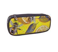 Yellow Lemon and Bee Printed Pu Leather Pencil Case Box Flip Pen Bag and Makeup Cosmetic Holder for Girls Boys School Students