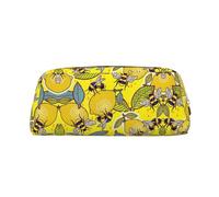 Yellow Lemon and Bee Printing Leather Pencil Pouch Pen Case Elegant and Practical Bag for Students Perfect for Office School