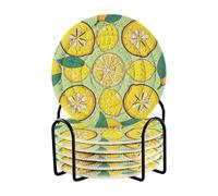 Yellow Lemon Coasters Set with Holder 6 Pack Absorbent Coasters for Drinks Decor