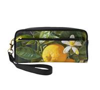 Yellow Lemon Flower Printed Makeup Bag for Women Travel PU Leather Cosmetic Bag with Wristlet Toiletry Bag