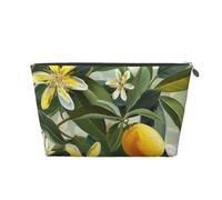 Yellow Lemon Flower Printed Toiletry Bag for Women Girl Portable Travel Cosmetic Bag Leather Makeup Pouch Organizer with Silver Zipper