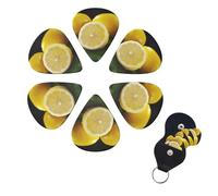 Yellow Lemon Guitar Picks 6 Pack, 0.71mm Thickness Celluloid Bass Pick with Leather Guitar Pick Holder Keychain Abstract Art Pics Plectrum for Acoustic Electric Guitar, Ukulele, Bass