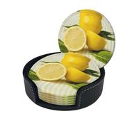 Yellow Lemon Print Chic Round Leather Coasters â€“ Set Of 6 Full-Print Coasters In A Premium Pu Leather Storage Box