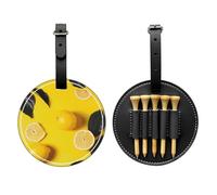 Yellow Lemon Print Printed Golf Tees Organizer Bag, PU Leather Golf Tee Pouch, Portable Tee Holder with Belt Clip, 5 Tee Slots, Golf Bag Accessory and Golf Gift Black