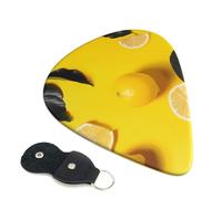 Yellow Lemon print Printed Guitar Picks, 6 Pack with Leather Keychain Pick Holder - 0.46mm, 0.71mm, 0.96mm Assorted Thickness for Acoustic Ukulele, Electric Guitar, Acoustic Guitar, Bass