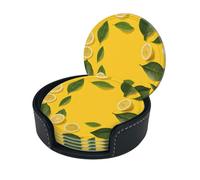 Yellow Lemon Print Round Leather Coasters 3.9 in Elegant Pu Leather Coasters Set with Storage Box for Dining Table