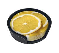 Yellow Lemon Print Round Leather Coasters (6 Pieces) - Drink Coaster Set For Desk, Modern Easy To Clean Home Office & Farmhouse Coasters