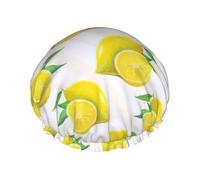Yellow Lemon Print Soft Lined Shower Cap, Double Layer Washable Wide Elastic Band Hair Shower Cap For Bath