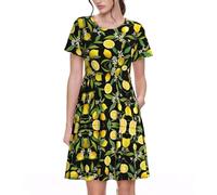 Yellow Lemon Print Women's Short Sleeve Pleated Loose Swing Casual Dress