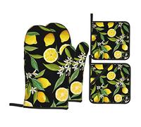 Yellow Lemon Printed Heat Resistant Oven Mitts and Pot Holder Set 4 PCS Kitchen Baking for Home Cooks and Bakers