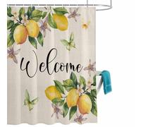 Yellow Lemon Shower Curtain for Bathroom, Butterfly Flower Green Leaf Retro Linen Waterproof Cloth Fabric Bathroom Accessories Set with 12 Rust Proof Plastic Hooks, 72” x 72”