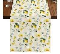 Yellow Lemon Table Runner, Country Watercolor White Blue Flowers Leaf Yellow Stripe Cotton and Table Linen Runner for Kitchen Dining Home Decor for Party Festival Holiday Decoration Gift 18x72in