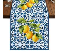 Yellow Lemon Table Runner, Rustic Flower Blue Tile Texture Country Farmhouse Cotton and Table Linen Runner for Kitchen Dining Home Decor for Party Festival Holiday Decoration Gift 14x72in