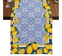 Yellow Lemon Table Runner, Watercolor Fruit Farm Blue Flower Pattern Background Cotton and Table Linen Runner for Kitchen Dining Home Decor for Party Festival Holiday Decoration Gift 14x72in
