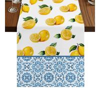 Yellow Lemon Table Runner, Watercolor Fruit Farm Blue Flower Pattern Country Cotton and Table Linen Runner for Kitchen Dining Home Decor for Party Festival Holiday Decoration Gift 18x72in