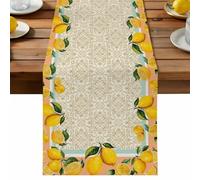 Yellow Lemon Table Runner, Watercolor Fruit Farm Blue Flower Pattern Orange Background Cotton and Table Linen Runner for Kitchen Dining Home Decor for Party Festival Holiday Decoration Gift 18x72in