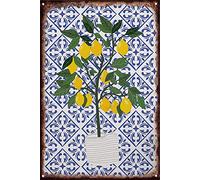 Yellow Lemon Tree Moroccan Blue Tile Wall Art Kitchen Living Room Bedroom Decor Boho Mid Century Modern Metal Sign Wall Decor Funny Tin Signs Bar Decorations Art Movie Posteres 8x12 Inch
