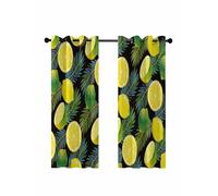 Yellow Lemons Blackout Curtains for Bedroom Living Room, Green Leaf Black Background Summer Fruit 63 In Long Thermal Insulated Room Darkening Drapes Grommet Window Treatments, 52 x 63 In