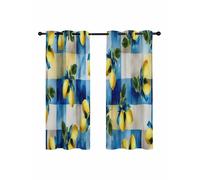 Yellow Lemons Blackout Curtains for Bedroom Living Room, Watercolor Blue White Gingham Checkered Background 45 In Long Thermal Insulated Room Darkening Drapes Grommet Window Treatments, 52 x 45 In