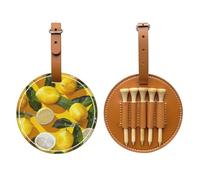 Yellow Lemons Printed Golf Tees Organizer Bag, PU Leather Golf Tee Pouch, Portable Tee Holder with Belt Clip, 5 Tee Slots, Golf Bag Accessory and Golf Gift Brown
