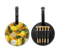 Yellow Lemons Printed Golf Tees Organizer Bag, PU Leather Golf Tee Pouch, Portable Tee Holder with Belt Clip, 5 Tee Slots, Golf Bag Accessory and Golf Gift Black