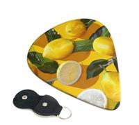 Yellow Lemons Printed Guitar Picks, 6 Pack with Leather Keychain Pick Holder - 0.46mm, 0.71mm, 0.96mm Assorted Thickness for Acoustic Ukulele, Electric Guitar, Acoustic Guitar, Bass