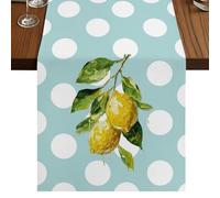 Yellow Lemons Table Runner, Hand-painted Style Lemon White Polka Dots Light Blue Cotton and Table Linen Runner for Kitchen Dining Home Decor for Party Festival Holiday Decoration Gift 18x72in