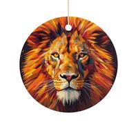 Yellow Lion Head Double-Sided Ceramic Christmas Ornaments - Round Hanging Mini Xmas Tree Decorations, Ideas for Farmers, Rustic Home Decor for Indoor Outdoor Tree Decor