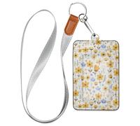 Yellow Little Fresh Flower Bloom Leather Badge Holder Women with Lanyard and 3-Card Capacity Card Holder for Office Worker Nurse Teacher Student