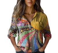 Yellow Long Sleeve Shirt Women Retro Printed Blouse Pattern Floral Button-Down Loose Tops V Neck Lapel Collar Elegant Blouses Casual Style Lightweight Summer Autumn Everyday Ladies Shirts